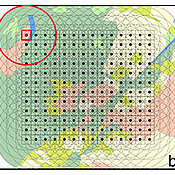 Computergestützte Auswahl der Versuchsflächen. Mit Hilfe eines Geoinformationssystems werden Landschaftsaspekte berechnet und später bei der Auswahl der Flächen berücksichtigt. Die finalen Karten (rechts) zeigen mögliche Standorte an (hellgrau = geeignet, dunkelgrau = ungeeignet).