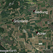 LandKlif-Untersuchungsregion in Bayern mit drei Versuchsflächen (Grünland, Acker, Siedlung). Die Region ist überwiegend landwirtschaftlich genutzt und hat ein warmes Klima.