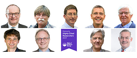 Highly Cited Researchers 2019 at JMU: Hermann Einsele, Rainer Hedrich, Andreas Rosenwald, Ingolf Steffan-Dewenter, Hans Konrad Müller-Hermelink, Jörg Vogel, Frank Würthner, Laurens Molenkamp, and Christoph Wanner.