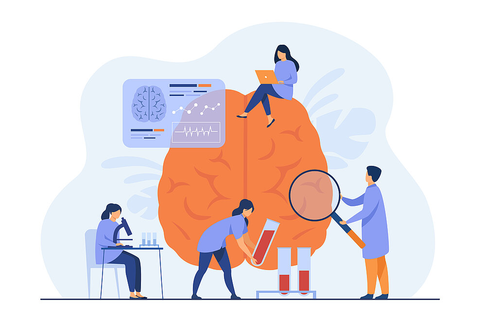 Doctors doing medical research on human brain and testing blood samples. Scientists studying brain and memory, collecting data. Vector illustration for experiment, laboratory, science concept