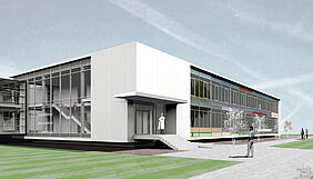 Modell des zentralen Praktikumsgebäudes für die Naturwissenschaften, das auf dem Hubland-Campus der Uni Würzburg entsteht. Der Neubau wird zwischen den Sportanlagen und dem Chemiezentrum liegen. Links im Bild ist der Verbindungsbau zum Zentralgebäude Chemie zu sehen, der Blick geht in Richtung Südosten. Bild: Architekturbüro Grabow + Hofmann, Nürnberg Modell des zentralen Praktikumsgebäudes für die Naturwissenschaften, das auf dem Hubland-Campus der Uni Würzburg entsteht. Bild: Architekturbüro Grabow + Hofmann, Nürnberg