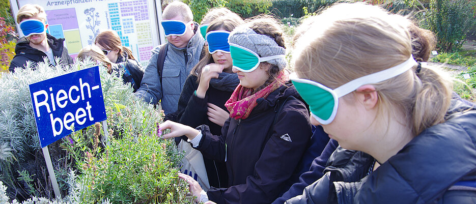 Studierende erkunden "blind" ein Riechbeet im Botanischen Garten