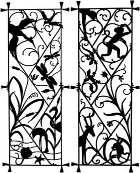 Picture of theWrought-iron gate of the former Institute of Zoology (1889-1992) displaying several entwined animal species
