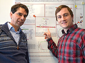 Meik Kunz mit seinem Doktorvater Thomas Dandekar vor einem Poster mit den Ergebnissen seiner Doktorarbeit. (Foto: Uni Würzburg)