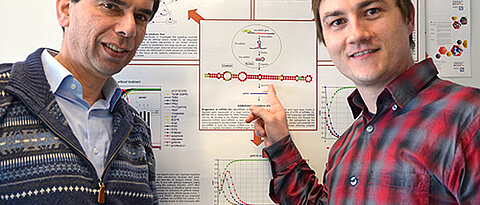Meik Kunz mit seinem Doktorvater Thomas Dandekar vor einem Poster mit den Ergebnissen seiner Doktorarbeit. (Foto: Uni Würzburg)