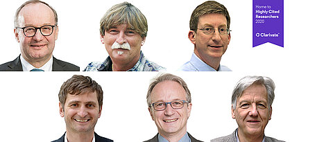 The Würzburg Highly Cited Researchers 2020: Hermann Einsele, Rainer Hedrich, Andreas Rosenwald, Jörg Vogel, Frank Würthner, and the Citation Laureate Laurens Molenkamp.